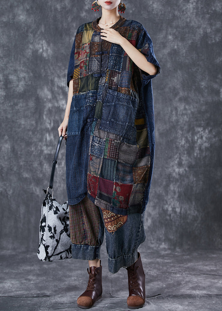 Art Navy Oversized Patchwork Chinese Button Denim Cardigans Summer