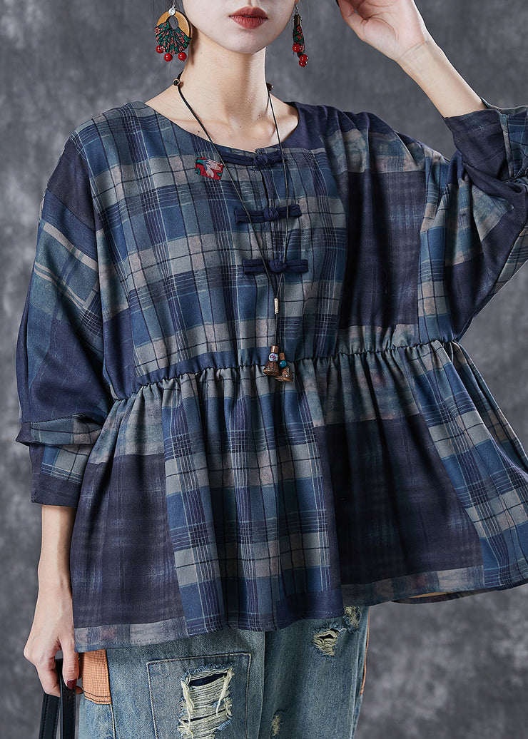 Art Navy Oversized Plaid Chinese Button Cotton Top Spring