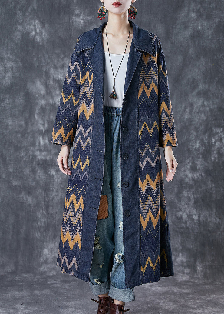 Art Navy Oversized Print Denim Coat Outwear Fall