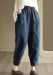 Art Navy Pockets Embroideried Patchwork Linen Pants Summer