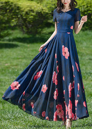 Art Navy Print Patchwork High Waist Chiffon Long Dress Short Sleeve