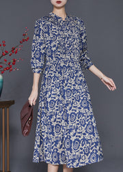 Art Navy Print Wrinkled Silk Shirt Dress Spring