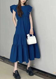 Art Navy Slim Fit Patchwork Wrinkled Cotton Long Dress Petal Sleeve