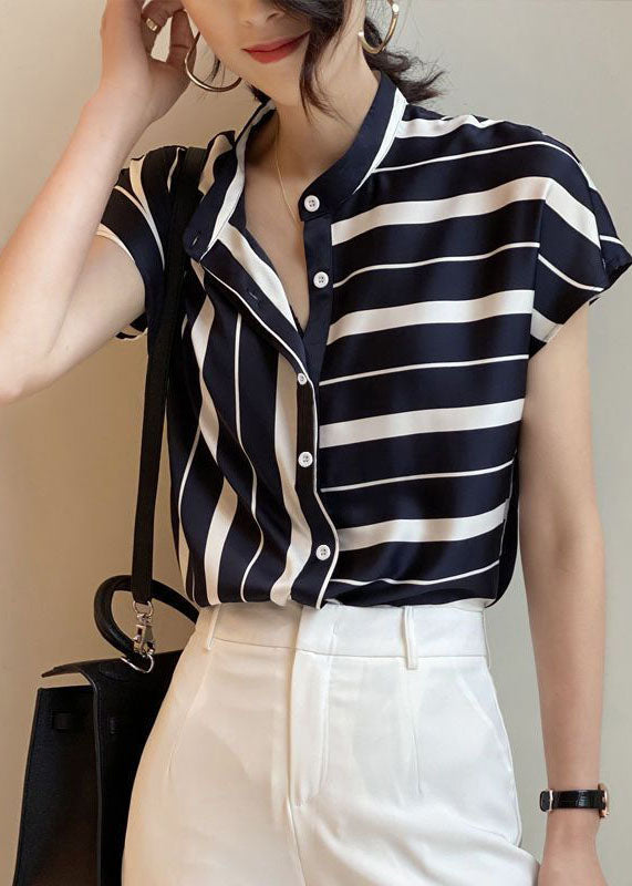 Art Navy Stand Collar Asymmetrical Striped Chiffon Top Short Sleeve