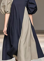 Art Navy Turtleneck Pockets Cotton Long Dress Summer