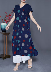 Art Navy V Neck Patchwork Print Cotton Robe Dresses Summer