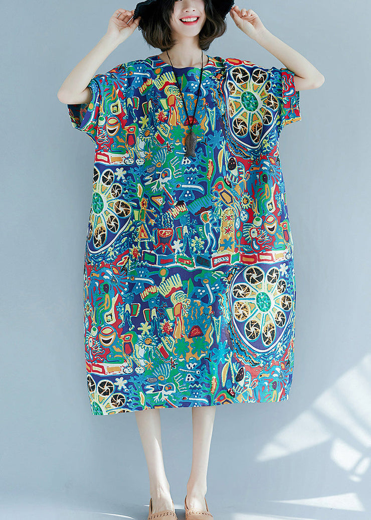 Art O-Neck Print Maxi Dress Short Sleeve