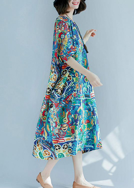 Art O-Neck Print Maxi Dress Short Sleeve