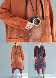 Art Orange Hooded Patchwork Cotton Dresses Spring