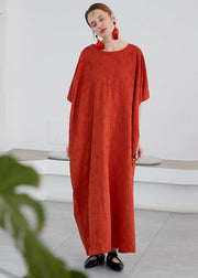 Art Orange O Neck Jacquard Pockets Cotton Robe Dress Summer