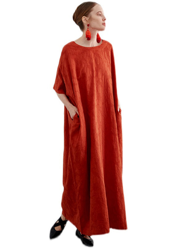 Art Orange O Neck Jacquard Pockets Cotton Robe Dress Summer