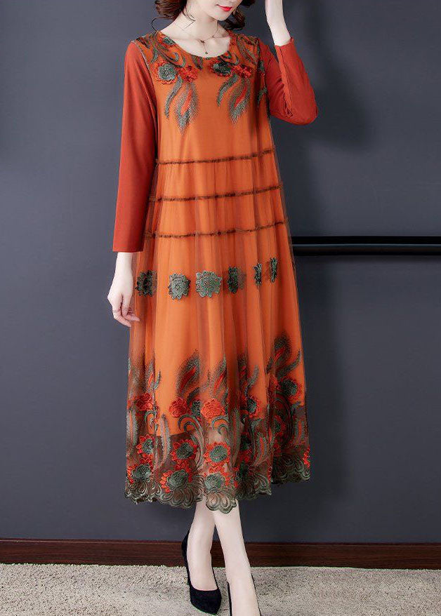 Art Orange Oversized Embroideried Tulle Holiday Dress Spring