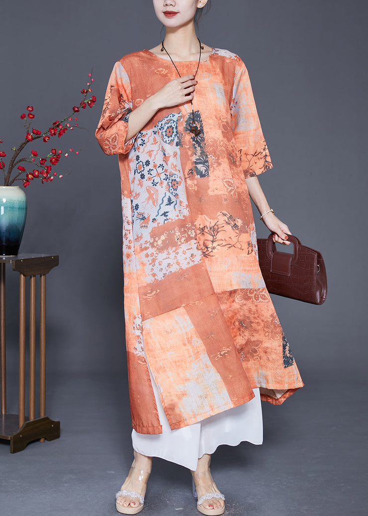 Art Orange Print Side Open Linen Long Dress Summer