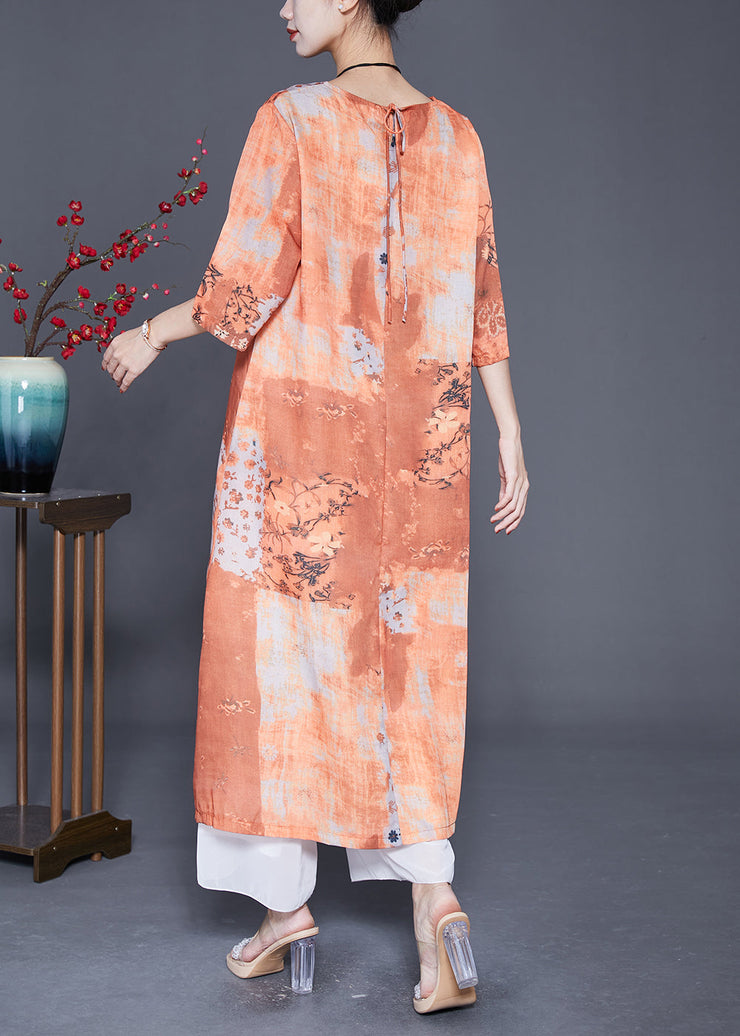 Art Orange Print Side Open Linen Long Dress Summer