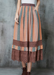 Art Orange Striped Patchwork Lace Linen Skirts Spring