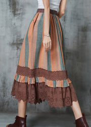 Art Orange Striped Patchwork Lace Linen Skirts Spring