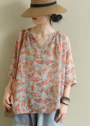 Art Orange V Neck Oversized Print Linen Tank Tops Half Sleeve