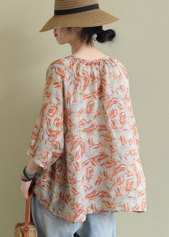 Art Orange V Neck Oversized Print Linen Tank Tops Half Sleeve