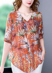 Art Orange V Neck Print Zircon Silk Tops Short Sleeve