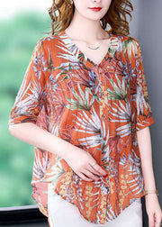 Art Orange V Neck Print Zircon Silk Tops Short Sleeve