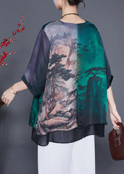 Art Oversized Patchwork Landscape Painting Silk Shirt Half Sleeve