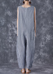 Art Oversized Plaid Chinese Button Linen Jumpsuit Summer