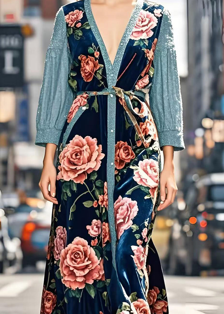 Art Peacock Blue Floral Patchwork Silk Velvet Long Dresses Spring