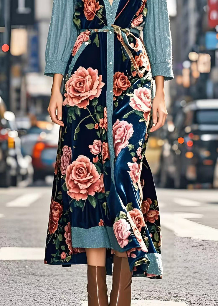 Art Peacock Blue Floral Patchwork Silk Velvet Long Dresses Spring