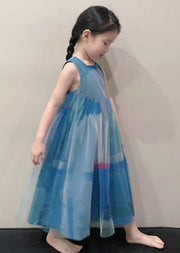 Art Peacock Blue O Neck Wrinkled Patchwork Tulle Kids Girls Long Dress Sleeveless