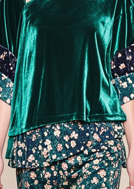 Art Peacock Green Asymmetrical Patchwork Print Silk Velour Shirt Top Fall