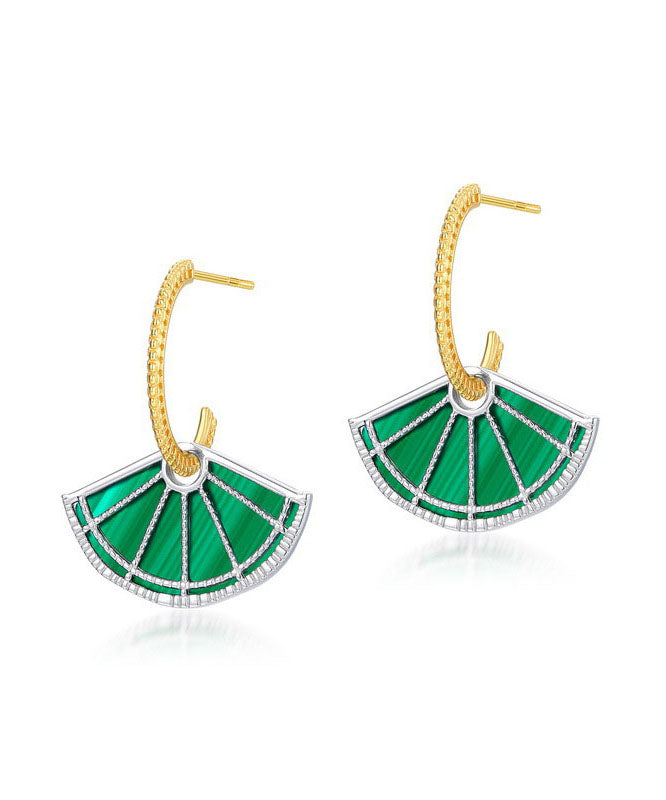 Art Peacock Green Fan-shaped Gem Stone Separable 14K Gold Stud Earrings