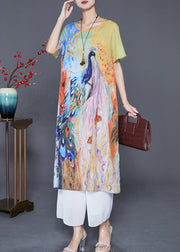 Art Peacock Print Chinese Button Chiffon Long Dress Summer