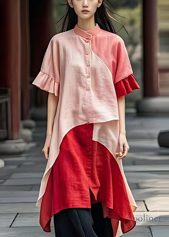 Art Pink Asymmetrical Patchwork Linen Shirt Dress Summer