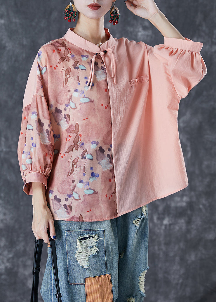 Art Pink Asymmetrical Patchwork Print Linen Blouse Top Bracelet Sleeve