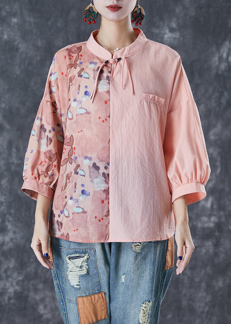 Art Pink Asymmetrical Patchwork Print Linen Blouse Top Bracelet Sleeve