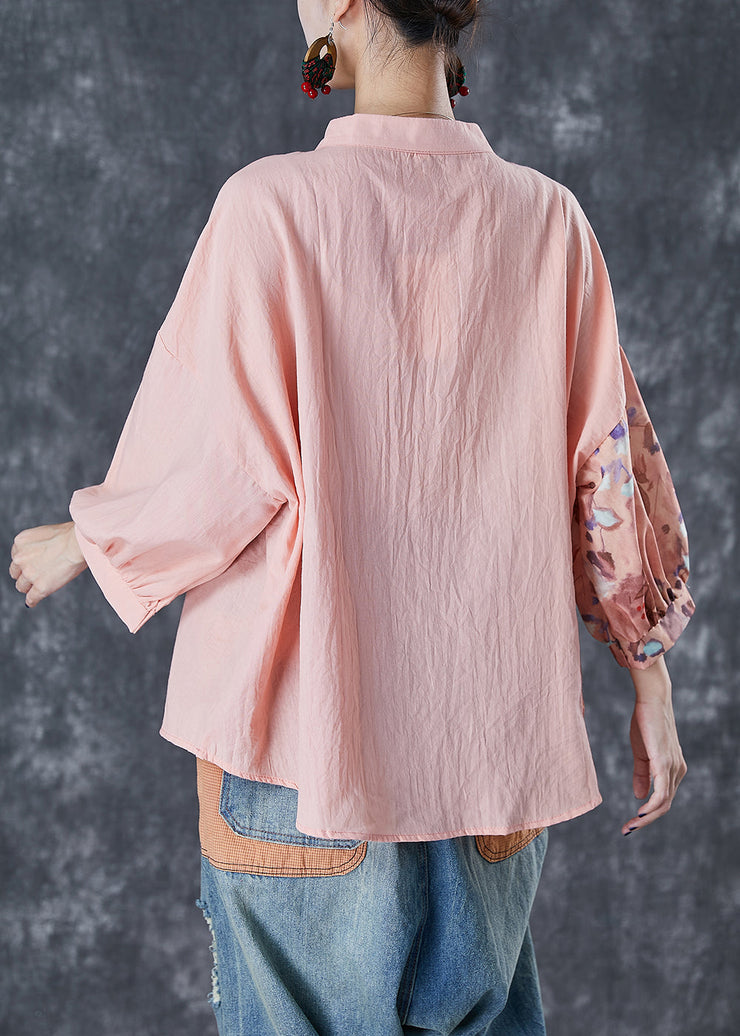 Art Pink Asymmetrical Patchwork Print Linen Blouse Top Bracelet Sleeve