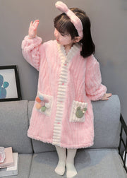 Art Pink Button Patchwork Fluffy Girls Pajamas Dress Long Sleeve