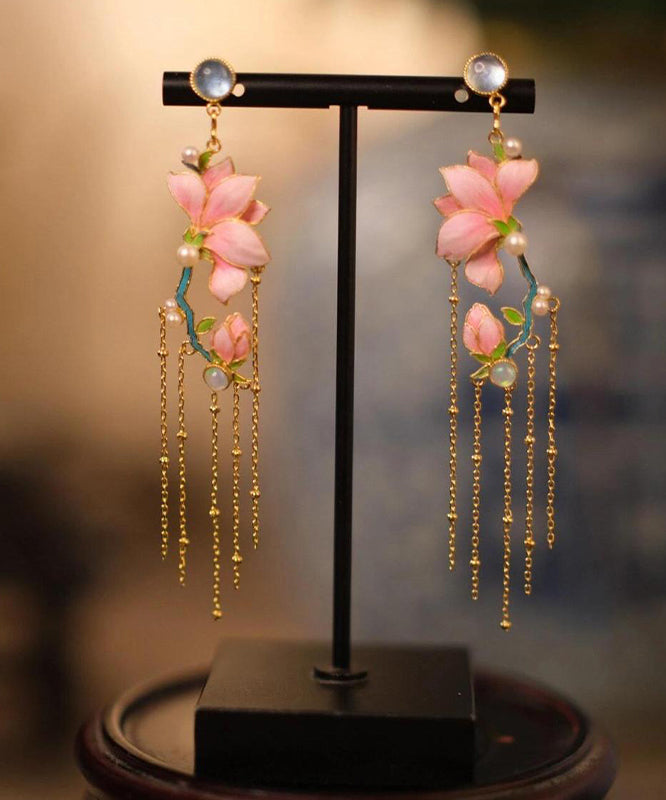 Art Pink Copper Overgild Enamel Jade Orchid Tassel Drop Earrings