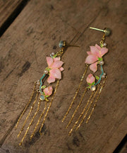 Art Pink Copper Overgild Enamel Jade Orchid Tassel Drop Earrings