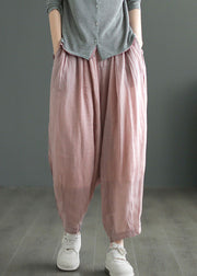 Art Pink Elastic Waist Ramie Crop Pants Summer