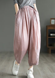 Art Pink Elastic Waist Ramie Crop Pants Summer