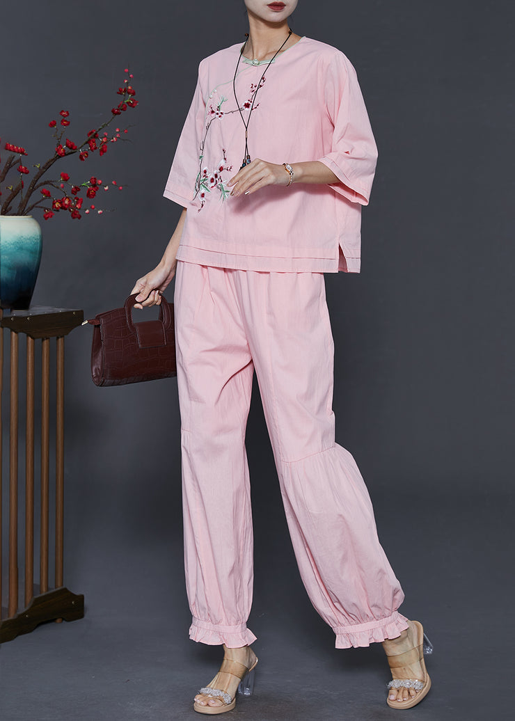 Art Pink Embroidered Chinese Button Cotton Two Piece Suit Set Fall