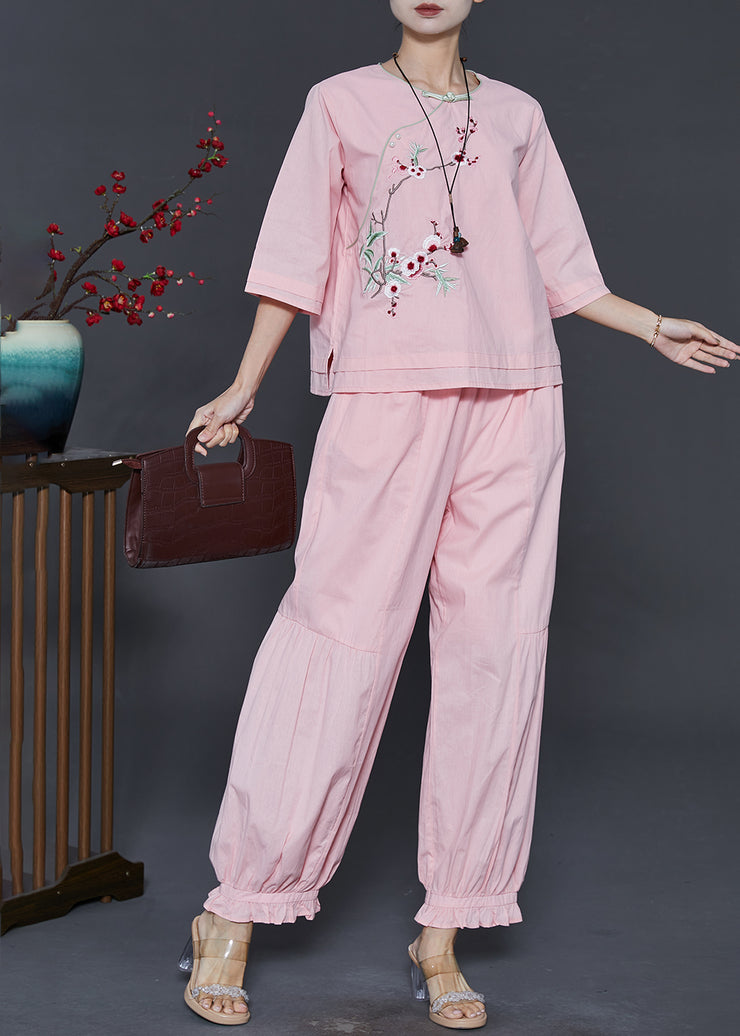 Art Pink Embroidered Chinese Button Cotton Two Piece Suit Set Fall