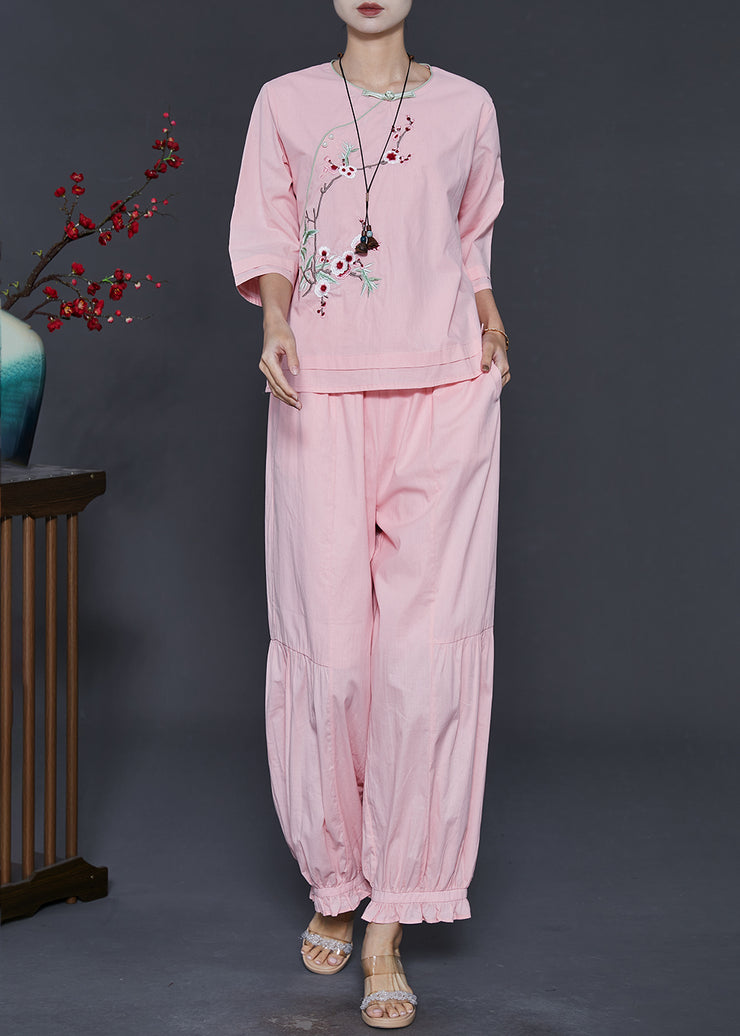 Art Pink Embroidered Chinese Button Cotton Two Piece Suit Set Fall