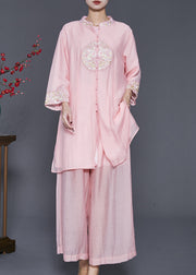 Art Pink Embroidered Linen Silk Two Pieces Set Spring