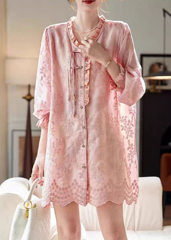 Art Pink Embroidered Ruffled Shirts Dress Fall