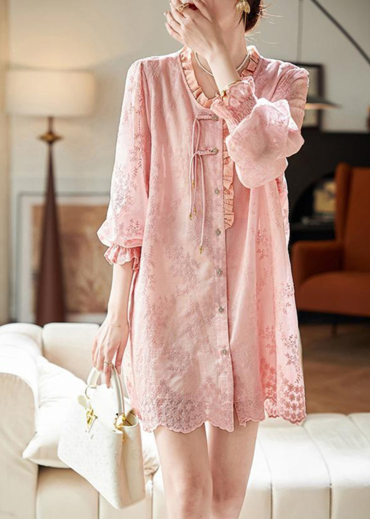 Art Pink Embroidered Ruffled Shirts Dress Fall