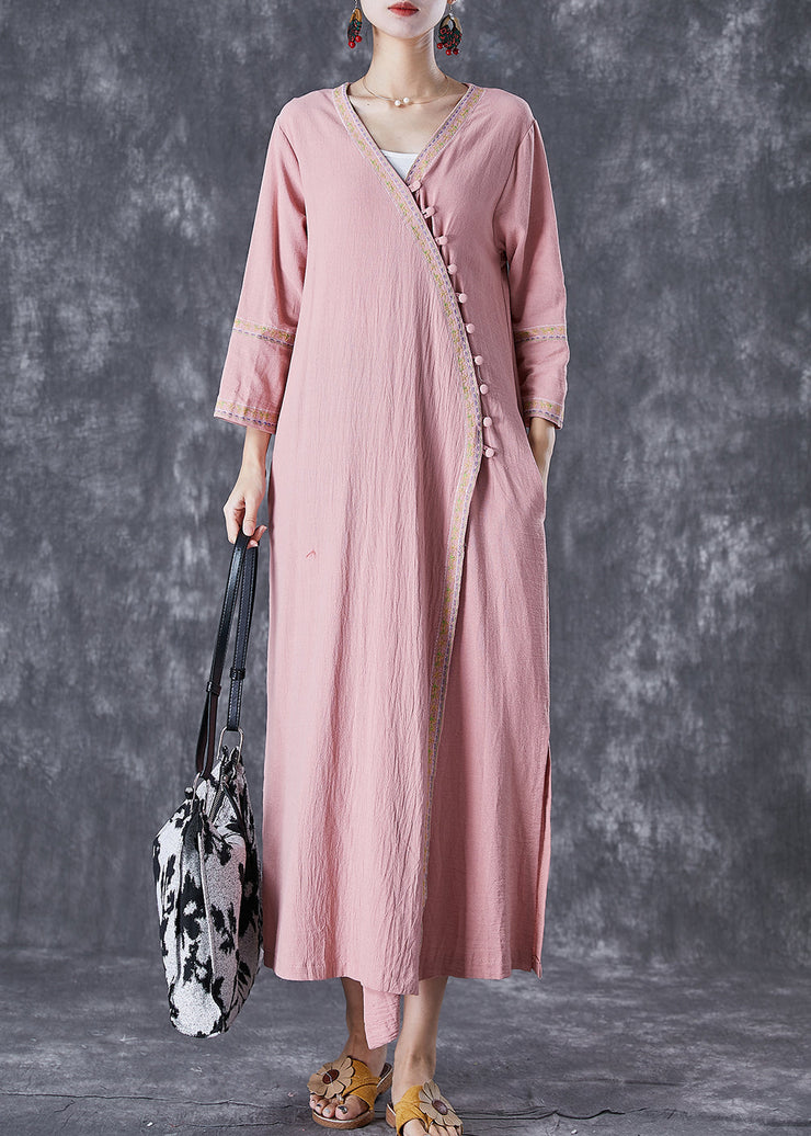 Art Pink Embroideried Button Linen Dresses Fall