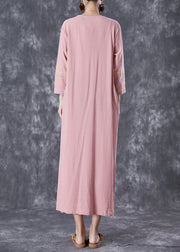 Art Pink Embroideried Button Linen Dresses Fall