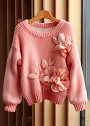 Art Pink Floral  Cozy Cotton Knit Sweaters Long Sleeve